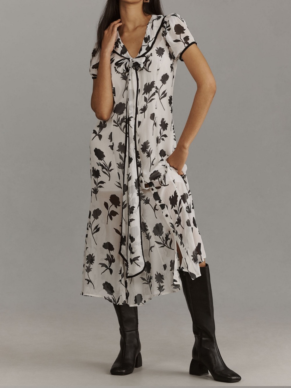 Short-Sleeve Tie-Neck Midi Shirt Dress